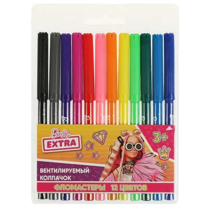 Фломастеры Барби, 12 цветов, круглые