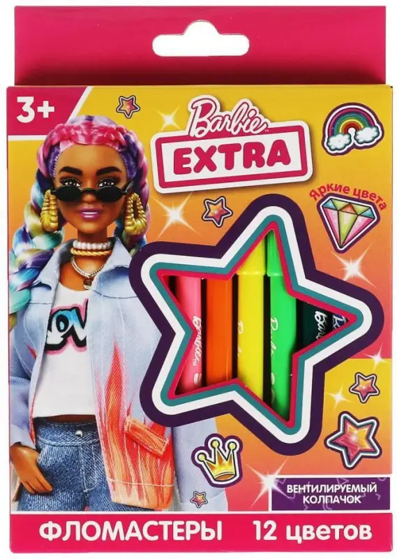Фломастеры Барби экстра, 12 цветов, круглые