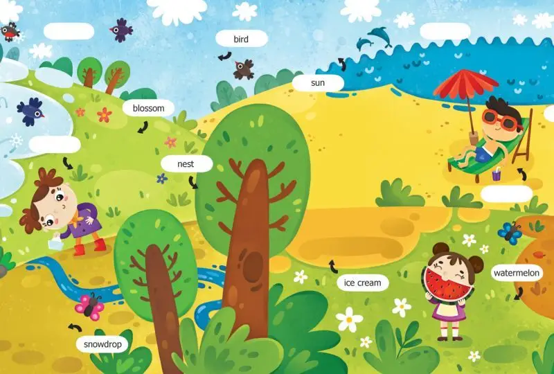 Первые слова. Английский язык. Времена года. Обучающая книжка с наклейками