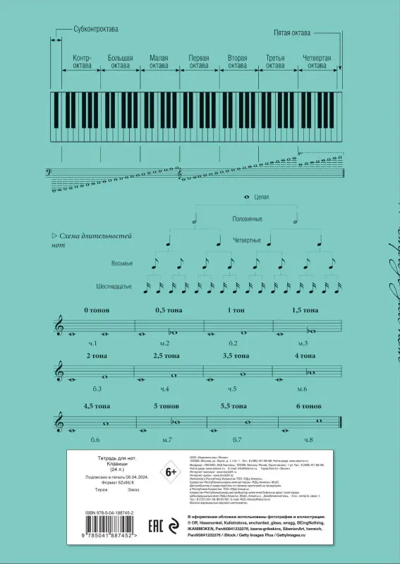Тетрадь для нот. Клавиши (24 л., А4, вертикальная, скрепка, бирюзовая)