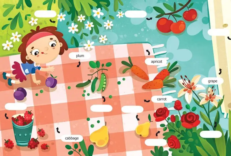 Первые слова. Английский язык. Что растет в моем саду? Обучающая книжка с наклейками