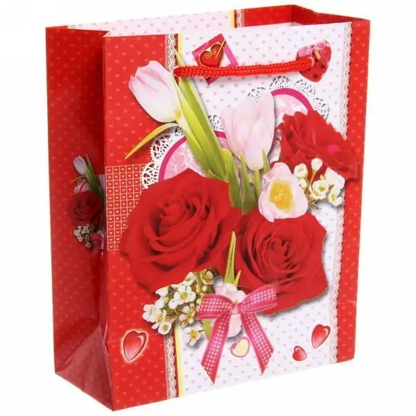 Пакет 12х15 см бумажный глянцевый "Розовый букет", вертикальный (микс)