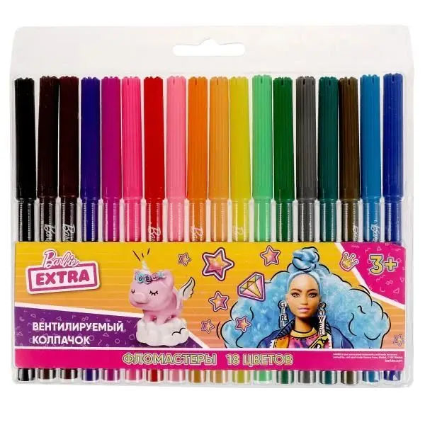 Фломастеры Барби экстра, 18 цветов, круглые (76628 прозрачная упаковка)
