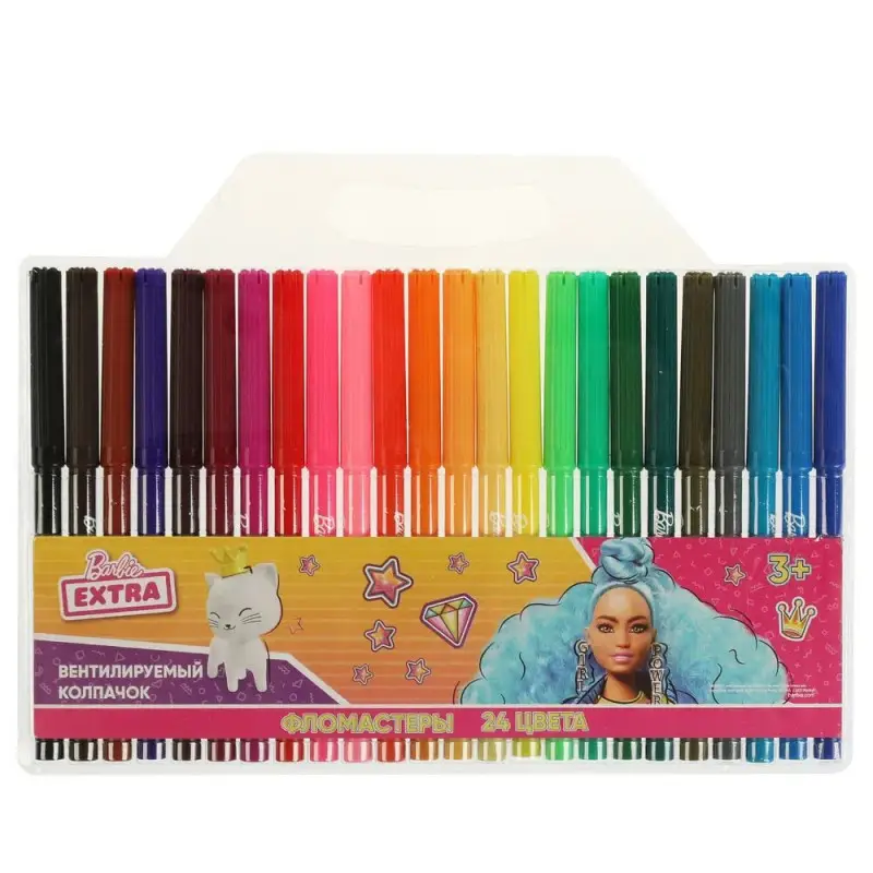 Фломастеры Барби экстра, 24 цвета, круглые (51465 прозрачная упаковка)