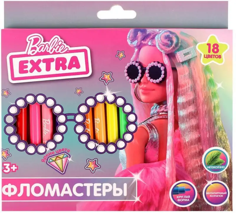 Фломастеры Барби экстра, 18 цветов, круглые (66520 розовая упаковка)